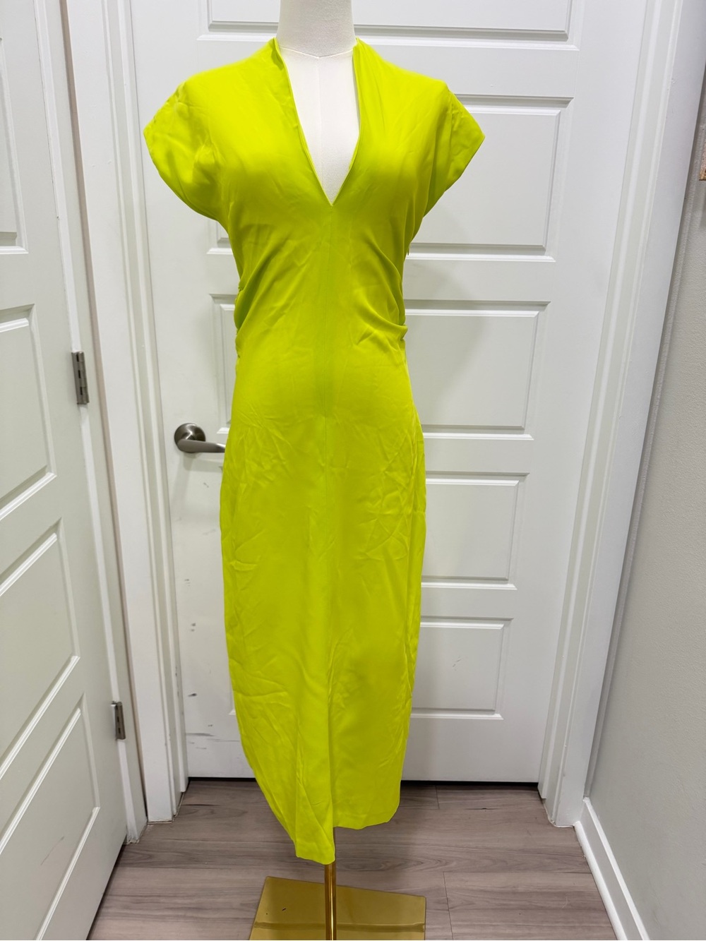 Lime Green V-Neck Ruched Waist Midi Dress - Picture 1 of 8